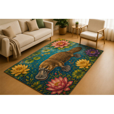 "Ultra Lightweight" 5' x 7' Platypus Water Lily Pond Area Rug for Living Room, Soft Low Pile Indoor Rug with Non-Slip Silicone Backing, Nature Decorative Carpet for Bedroom, Family Room, Blue Brown