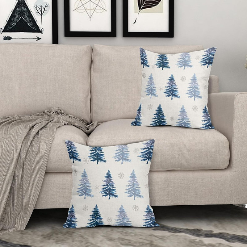 Housses de coussin d'hiver 18 x 18 pouces, ensemble de 2 housses de coussin décoratives pour flocons de neige en forme d'arbre de Noël bleu