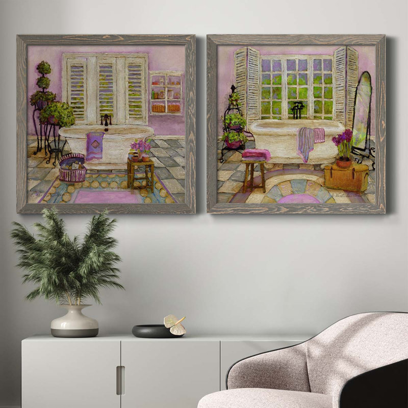 «Sunny Day Bath I», ensemble de 2 peintures sur toile encadrées, Encadré gris, H 27,5 po x l 55 po x P 1,5 po