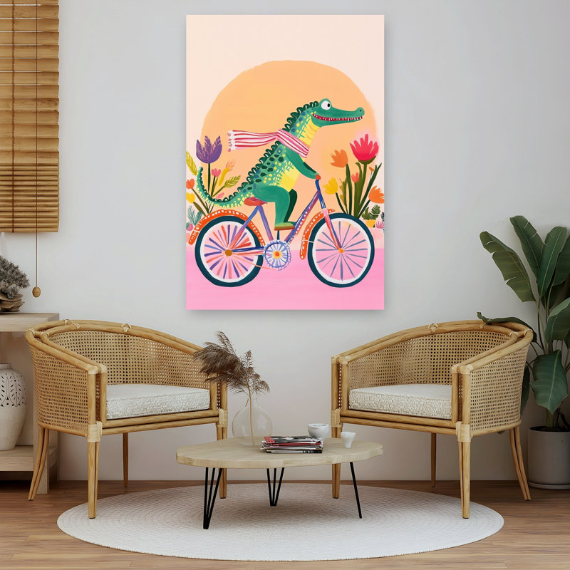 «Happy Alligator Bike Ride Alligator Crocodile Flower», reproduction d'art murale, H 60 po x l 40 po