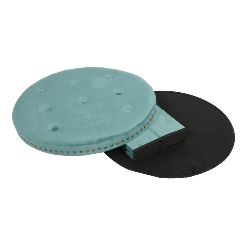 Evony 58cm Wide Velvet Tufted Round Solid Colour Ottoman with Storage, Teal