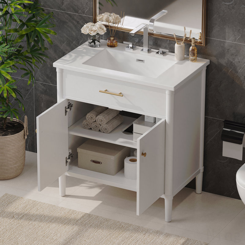 Meuble-lavabo de 31 po avec lavabo, conception à profil incurvé, pieds en bois d'hévéa, portes à fermeture en douceur, tablette réglable