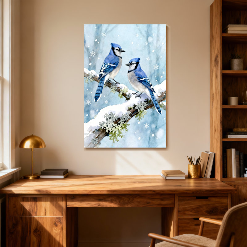 Animaux, geai bleu, oiseaux sur une branche enneigée, scène d'hiver, H 36 po x l 24 po