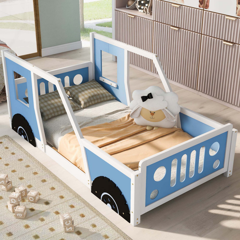 Lit plateforme classique en forme de voiture, Bleu, Simple