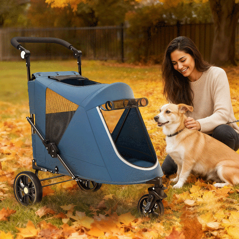 Foldable Pet Stroller for Small & Medium Dogs and Cats 3-Wheel Dog Stroller with 9 Angles Adjustable Handlebar , Blue