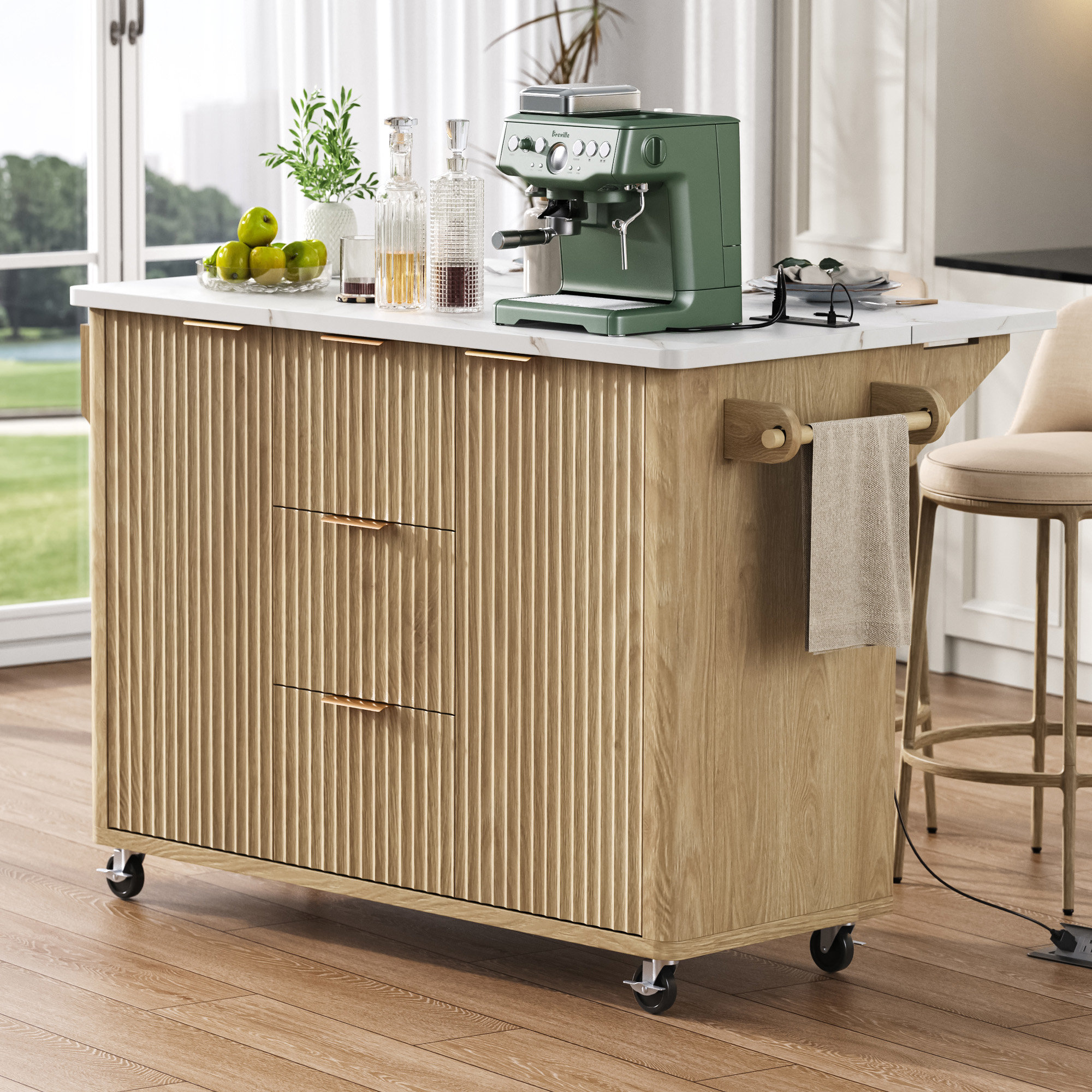Latitude Run® 55.5" Fluted Kitchen Island With Drop Leaf, Power Outlet ...