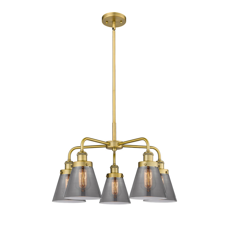 Cone 5 Light Stem Hung Chandelier, Plated Smoke, Brushed Brass