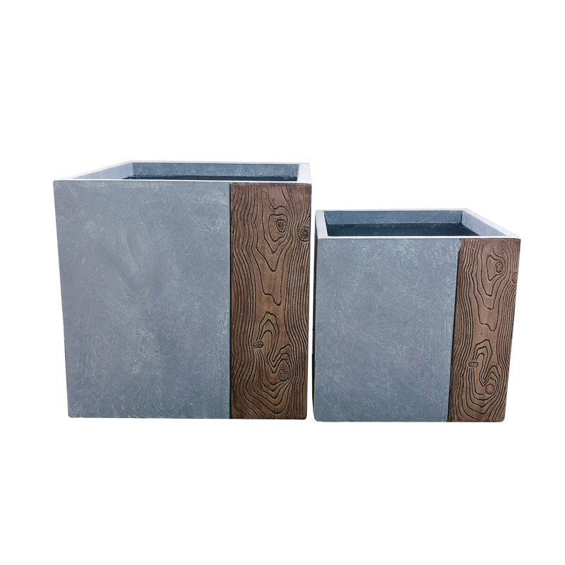 Wurster Lightweight Concrete Modern Square Outdoor Planter Set, 16 Inch and 12 Inch Tall, Timber Ridge, 16" H x 16" W x 16" D