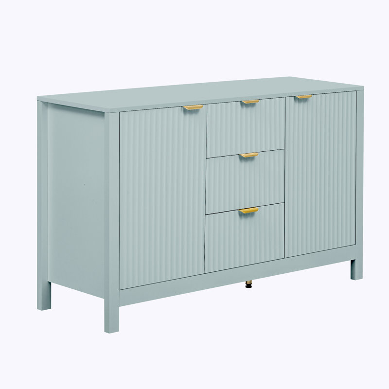 Console de rangement Wave Design avec tablettes réglables, 3 tiroirs et portes à fermeture douce, Cyan