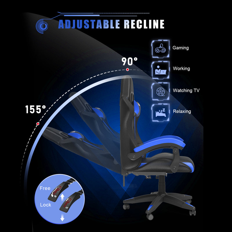 Reclining Gaming Chair with LED Lights and Headrest, Black/Blue