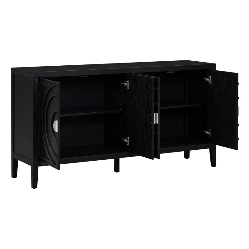 Porte de buffet rétro avec rainure circulaire de 60 po de largeur et armoire de salle à manger Floyds, Noir, noir, noir, noir