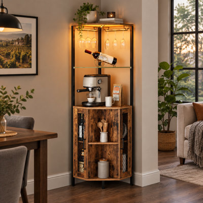 Armoire de bar d'angle 63,4 "avec lumières à DEL, armoire à vin haute avec rangement, armoire à alcool industrielle à 5 niveaux avec supports en verre, tablettes réglables