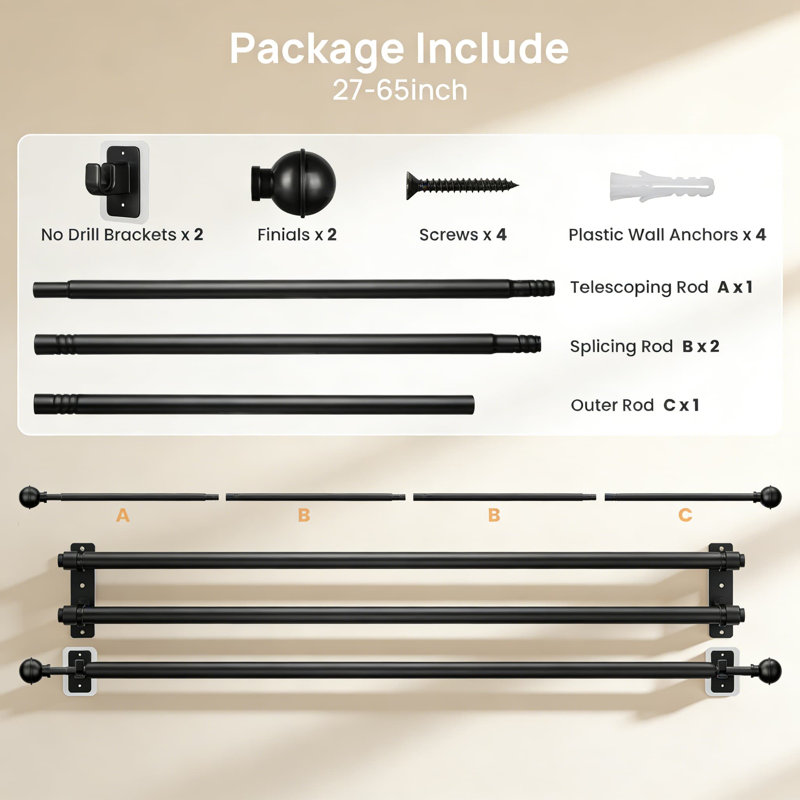 Tringle à rideaux sans perçage avec supports adhésifs, tringle à draperie télescopique réglable pour fenêtres, installation sans outil, facile à utiliser, finition noir mat