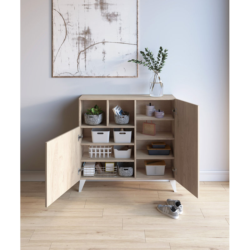 12 Pair Shoe Storage Cabinet, Light Oak/White