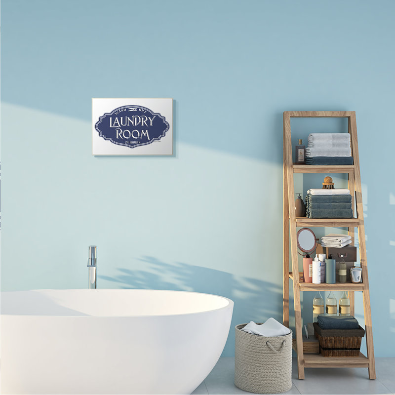 «Vintage Laundry Room Sign Minimal Blue White» par Jill Meyer, reproduction d'art textuel, Plaque murale