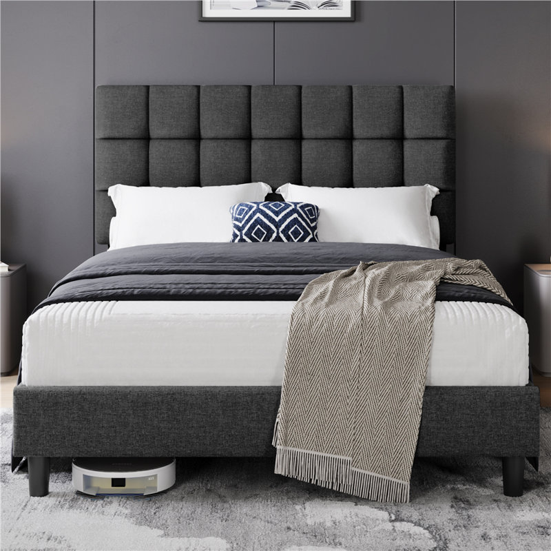Size Modern Upholstered Bed Frame with Adjustable Square Tufted Headboard, Kingsize (5'), Dark Grey