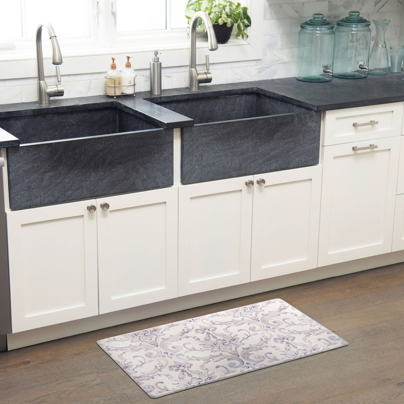 Cream and Blue Damask Anti-Fatigue Kitchen Mat
