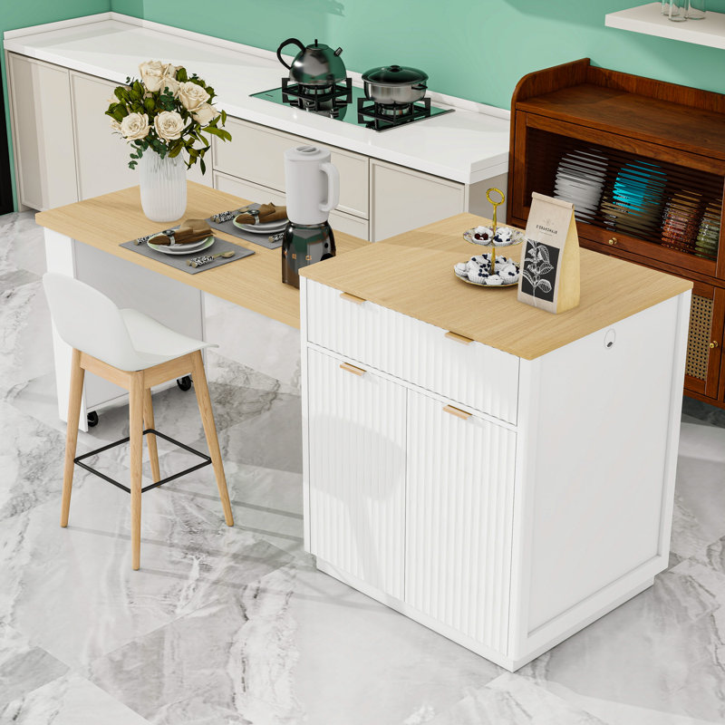 Kitchen Island with Power Outlet, Open Shelves and 2 Drawers, Natural/White