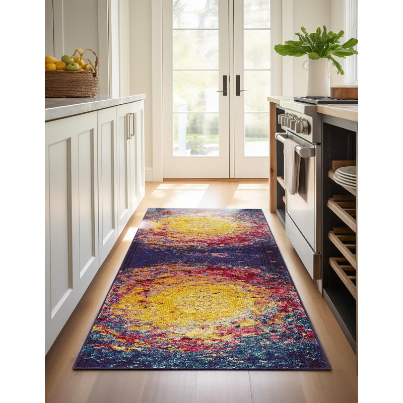Tapis abstrait jaune / mauve Eddins, Tapis de couloir 2 pi 2 po x 6 pi 9 po