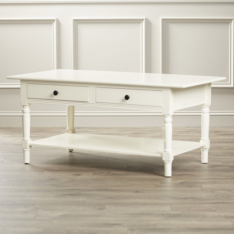 Banes Solid Wood Four Leg Coffee Table with Storage, Distressed Cream