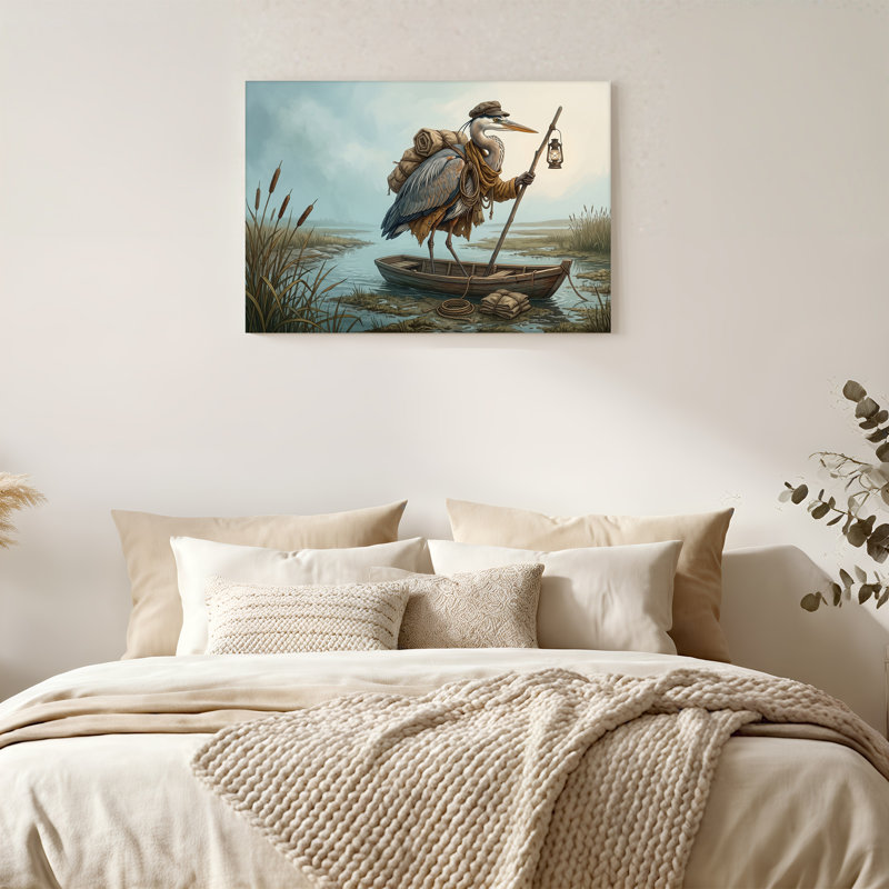 «Grey Heron Traveller in Wooden Boat with Lantern», art mural sur toile, 32"H x 48"W