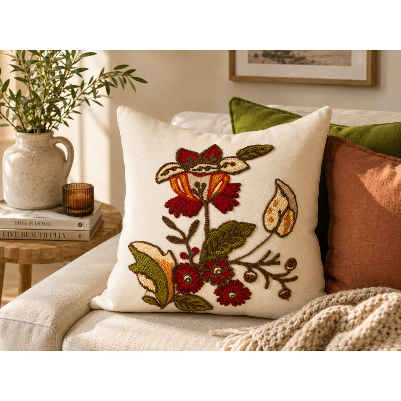 Coussin décoratif en coton à broderie floral flora