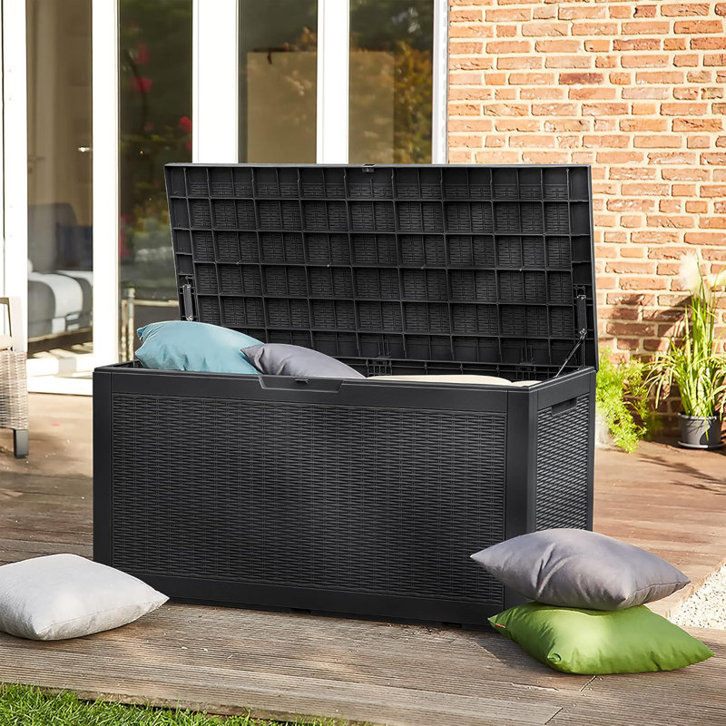 Decksplore 100 Gallons Water Resistant Resin Lockable Deck Box (Rattan weave style), Black