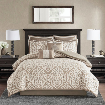 Édredon brun clair / très grand 8 pièces - Tissu texturé doux, utilisation à l'année, magnifique taie décorative européenne Charmeuse, rembourrage, 2 coussins décoratifs avec