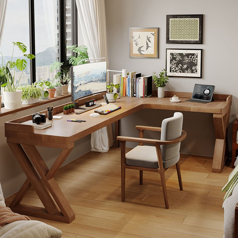 Light brown L-Shaped Solid Wood Writing desk, 29.53" H x 78.74" W x 47.24" D, Right Hand Return