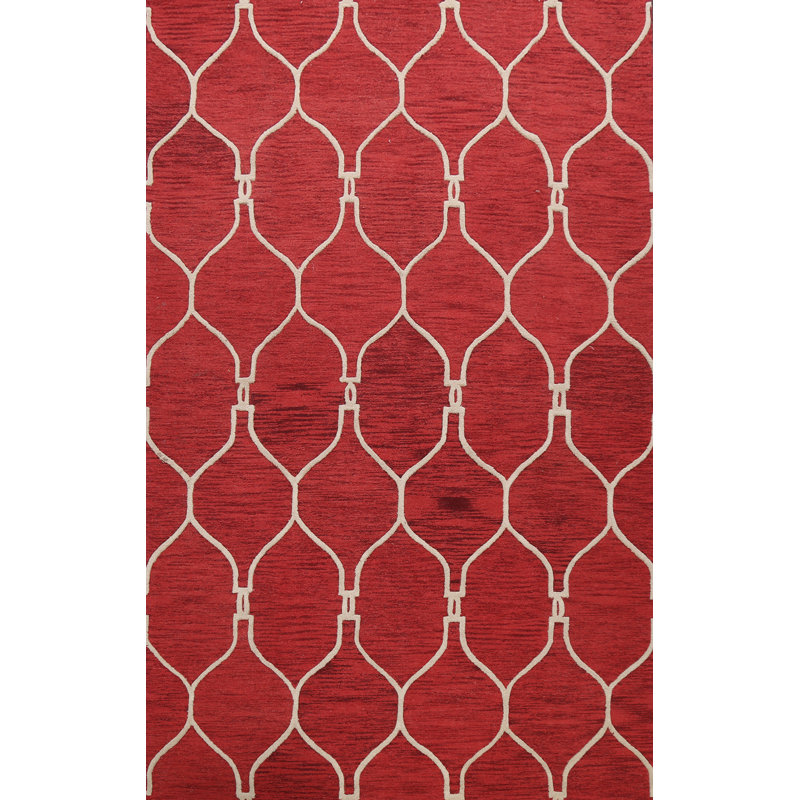 Tapis rouge en laine touffeté à la main à motif géométrique, Rectangle 5 pi x 8 pi