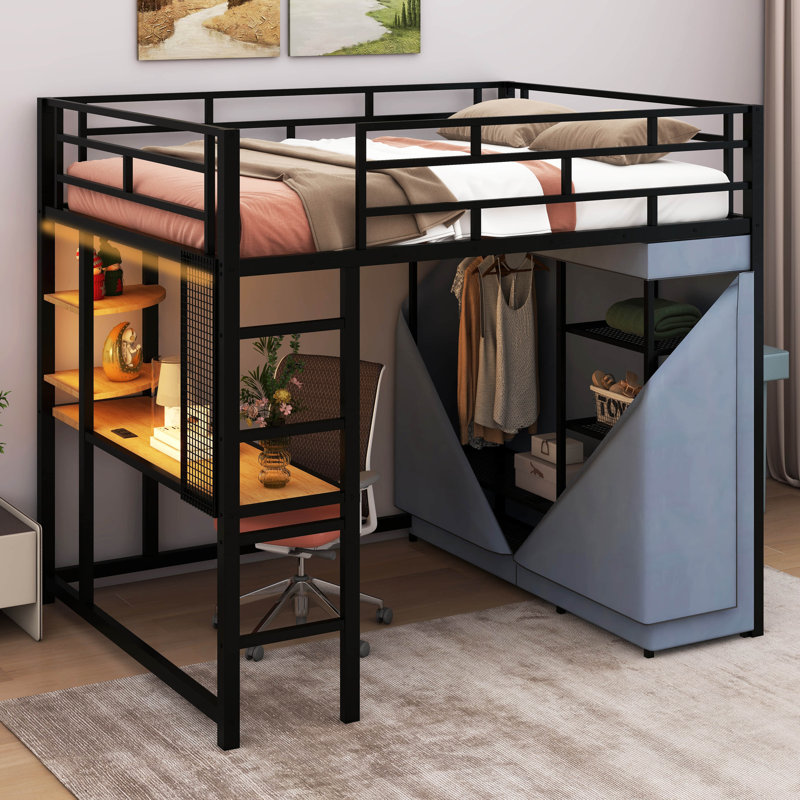 Lit mezzanine en métal avec bureau, tablettes, prise de courant, lumière DEL et garde-robe, Noir