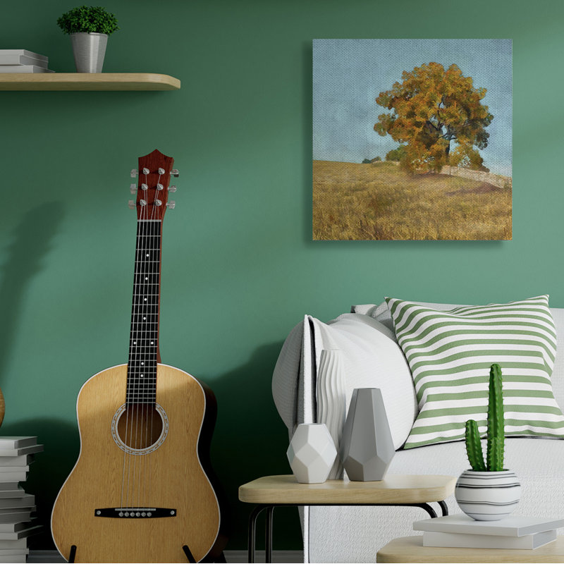 «Autumn Tree on Grassy Hill Country Landscape» par Alonzo Saunders - Peinture, Toile tendue, H 17 po x l 17 po