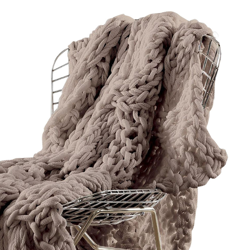 Beige Chunky Knit Reversible Throw Blanket