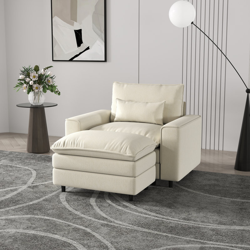 Fauteuil à assise profonde en tissu chenille avec assise profonde et structure en bois massif Chenille, Blanc