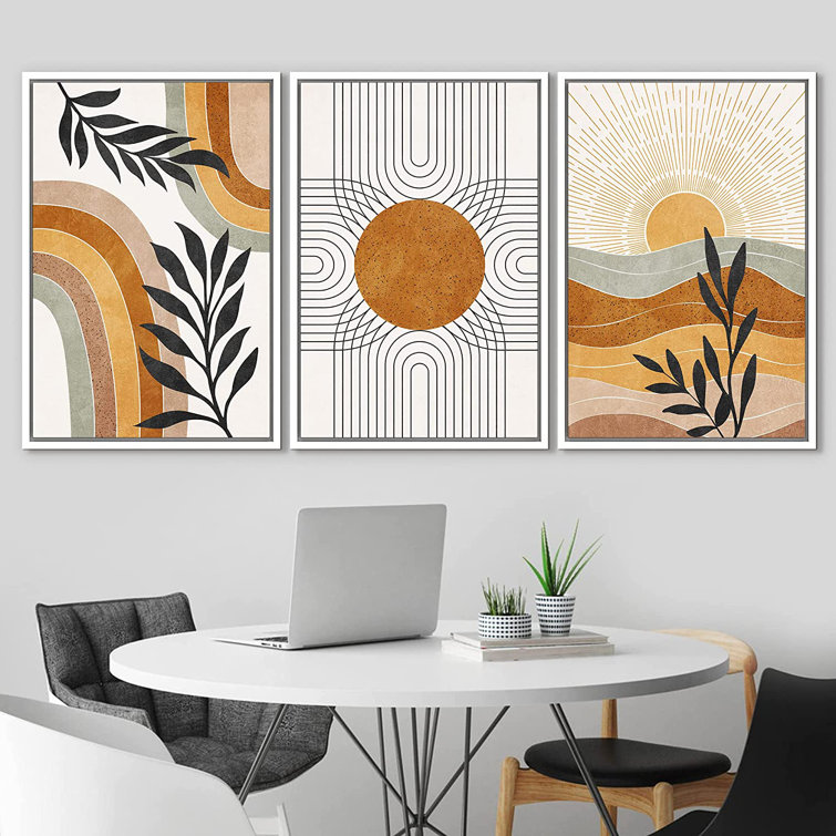 Mid-Century Geometric Sun Desert Plants - 3 Piece Floater Frame Graphic Art Set on Canvas IDEA4WALL Mat Color: White, Size: 36 H x 72 W