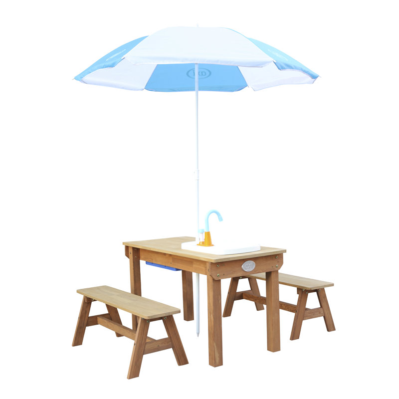 Dennis water Picnic Table with Play Kitchen Sink And Benches Brown/Parasol Blue/White Kitchen Set and Sand