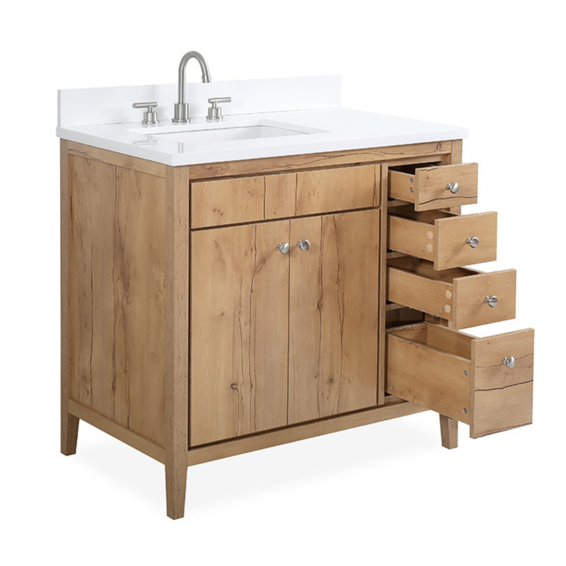 Meuble-lavabo sur pied moderne en bois naturel Beatrice de 91 cm (36 po) de la marque Tennant, lavabo simple, comptoir en quartz blanc, entièrement assemblé