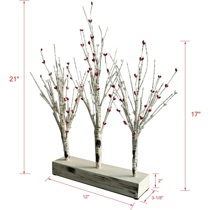 Battery Operated W/Timer Illuminated Pip Berry Tree Centerpiece Lighted Three Trees Tabletop LED Lights