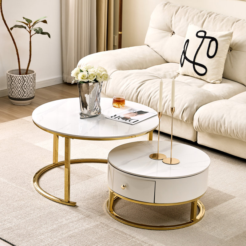 Opal Modern Nesting Coffee Table Set – 2-Piece Sintered Stone Tables with Gold/Silver Chrome Legs, Gold
