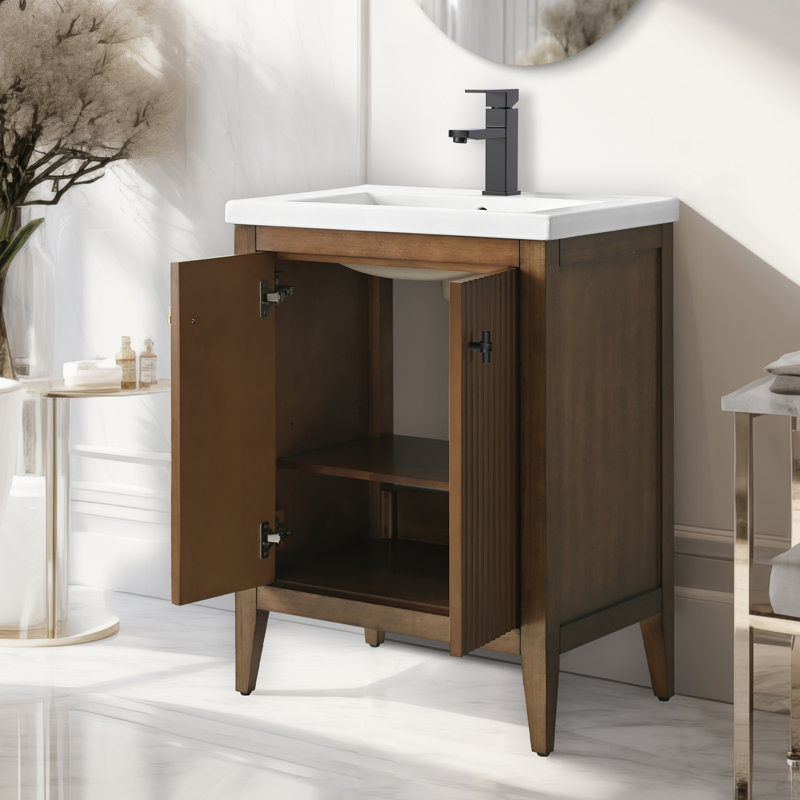 Single Bathroom Vanity with Ceramic Top, Linear Walnut, Matte Black, 24"