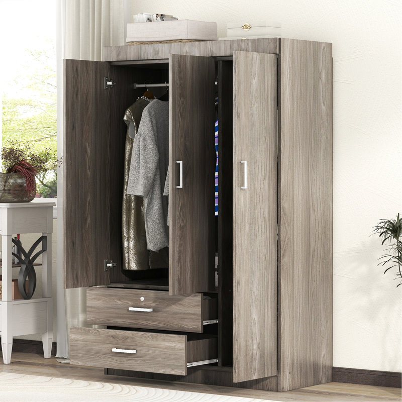 Garde-robe 3 portes avec 2 tiroirs, grain de bois gris, garde-robe d'organisation de chambre à coucher, calme, Gris