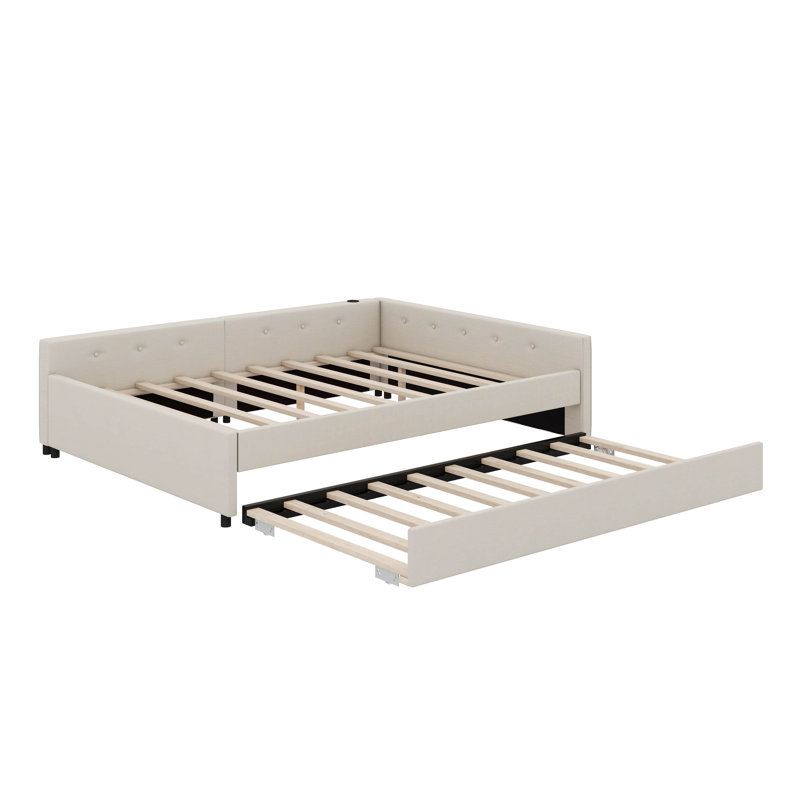 Lit plateforme tapissier avec port USB et gigogne, Grand lit