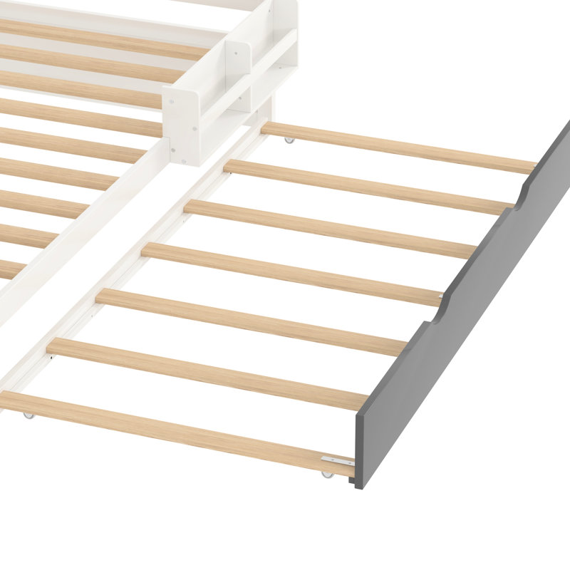 Lit plateforme simple en bois avec bibliothèque pour échantillon, garde-robe mobile et lit gigogne amovible, blanc - personnalisable Living