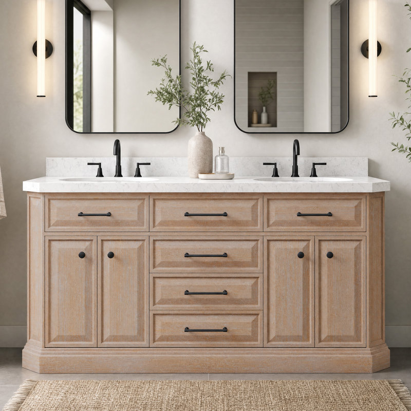 Palace 60 po Meuble-lavabo double en marbre d'ingénierie blanc Carrara, Latté caramel, Noir mat