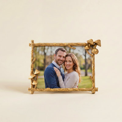 Cottagecore Gold Mushroom Picture Frame — Botanical Twig Zinc Alloy 4x6 Photo Frame for Desk, Console & Shelf Decor