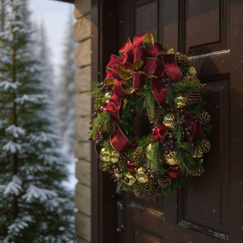 Holiday Wreath with Burgundy and Gold Wreath with Berries, Ornaments and Pinecones