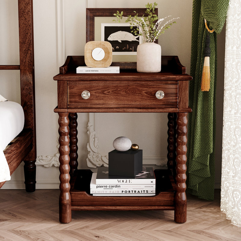 Table de chevet rectangulaire en bois noyer de 20,4 po de largeur avec tiroir et tablette ouverte