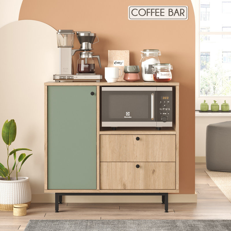 Colesen Modern Multi-Purpose Cabinet, Oak & Green, 34.6 x 33.5 x 14.0 inches | 100% Melamine Coated Particle Board, Thickness: 0.7 inches | Metal Legs, Wall-Mountable, Numerous Shelves | Scandinavian Design for Stylish Storage
