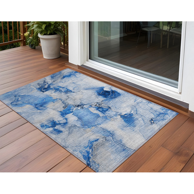 2' X 3' Navy Blue Abstract Washable Indoor Outdoor Area Rug
