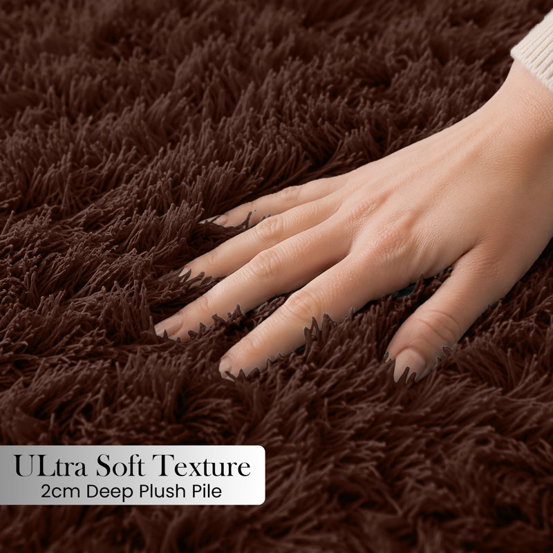 Luxury Plush Shaggy Area Rug & Runner, Soft Deep-Pile Non-Slip Living Room Carpet, Brown, Runner 60 x 110 cm